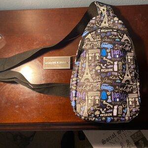 Jane & Berry black, white and purple Paris/Eiffel Tower sling shoulder bag NWT